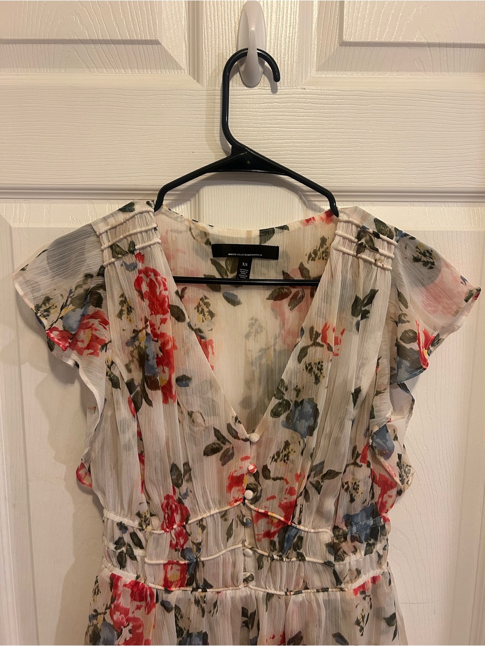 White House Black Market Cream Floral V-Neck Ruffle Blouse - Picture 2 of 6